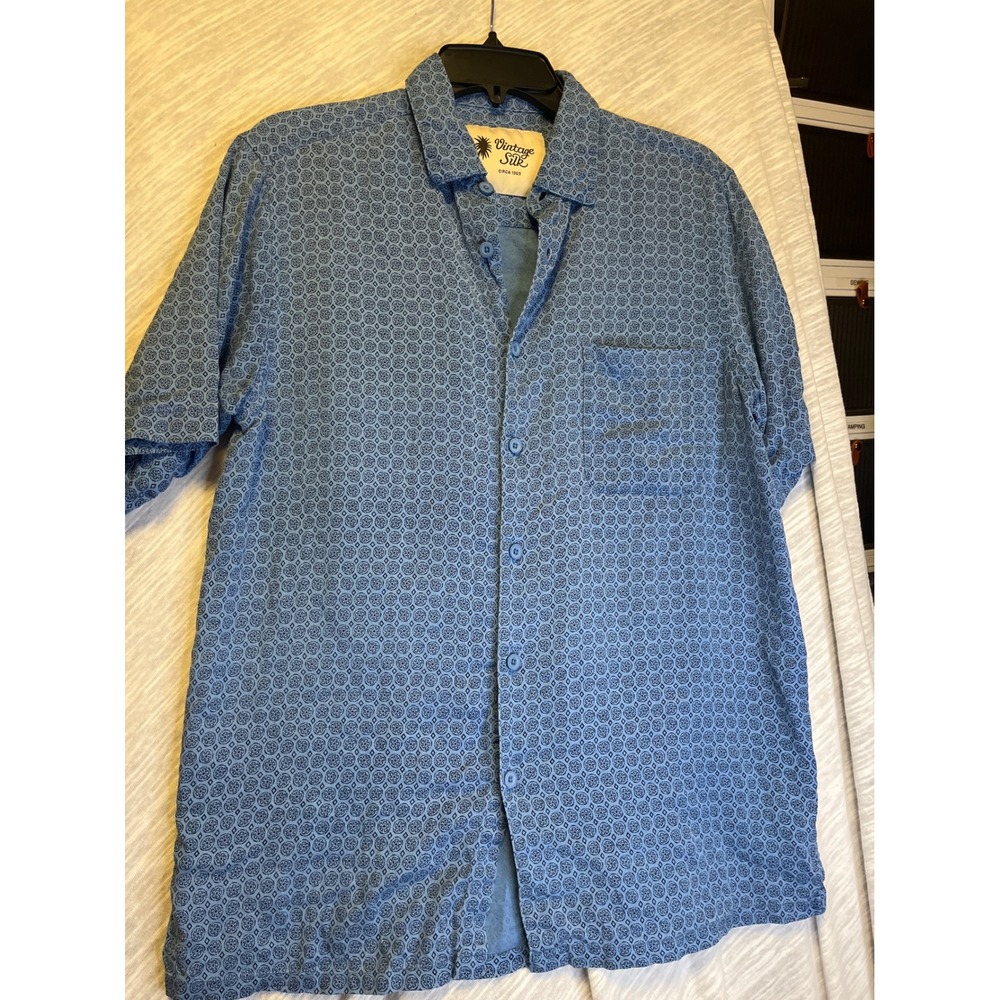 Vintage Silk Mens Short Sleeve Button Up Shirt Blue Geometric Print Size M - Picture 1 of 3